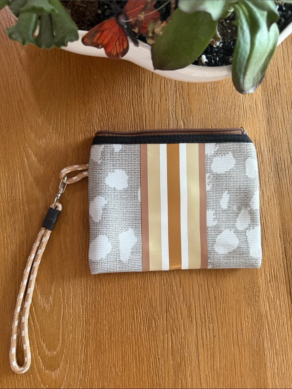 Wristlet Pouch in Beige and Brown Stripes